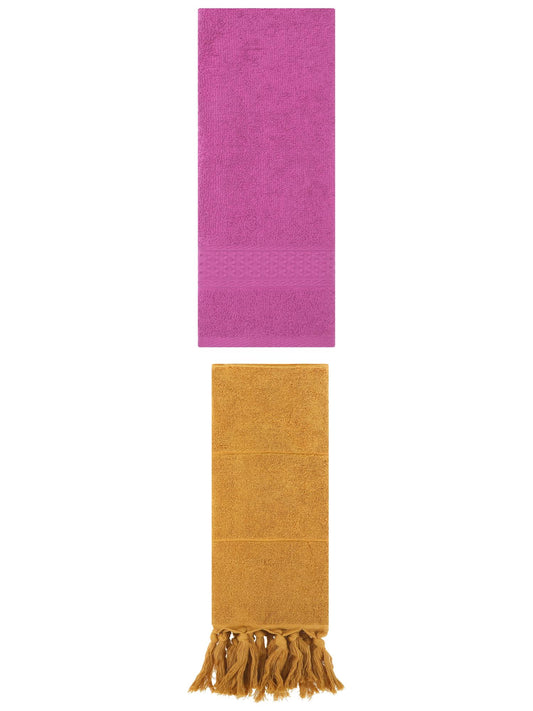 Unique Bargains 2 Packs Textured Tassels Hand Towel Yellow/Dark Pink 14" x 30"/13" x 30"