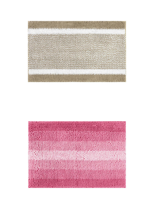 Unique Bargains 2 Pcs Chenille Soft Plush Shaggy Bathroom Rug Khaki/Pink 20" x 32"