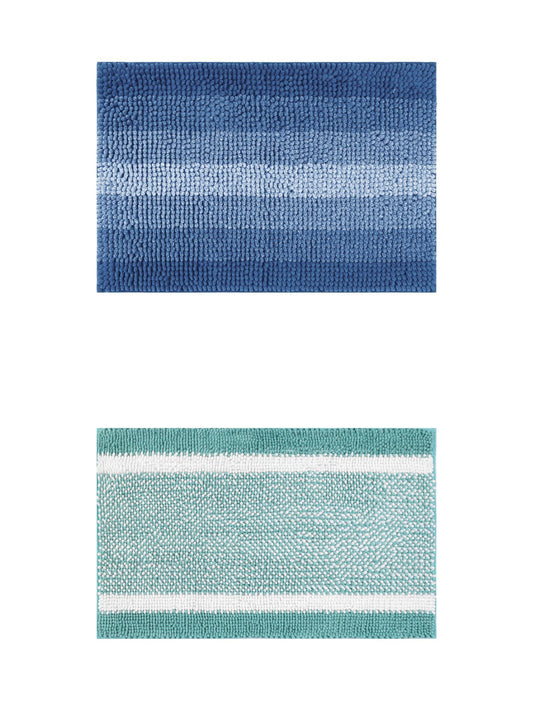 Unique Bargains 2 Pcs Chenille Soft Plush Shaggy Bathroom Rug Coffee/Blue 16" x 24"