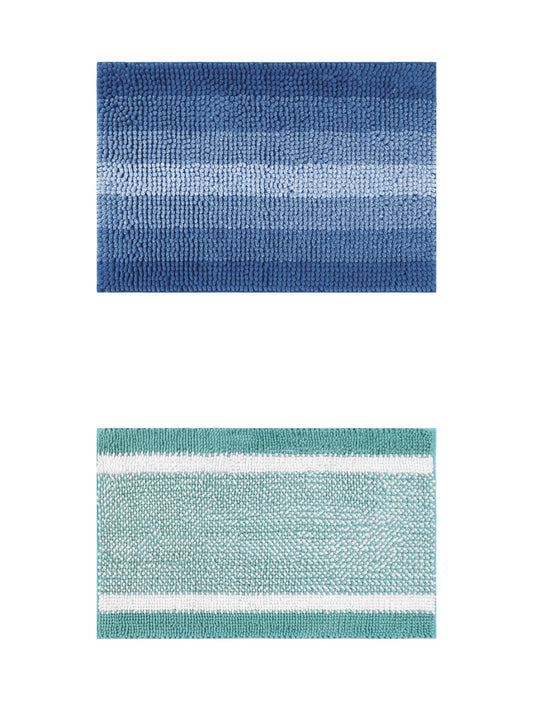 Unique Bargains 2 Pcs Chenille Soft Plush Shaggy Bathroom Rug Navy Blue/Green 20" x 32"