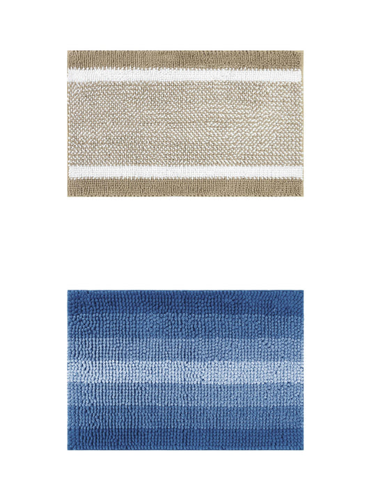 Unique Bargains 2 Pcs Chenille Soft Plush Shaggy Bathroom Rug Navy Blue/Khaki 20" x 32"