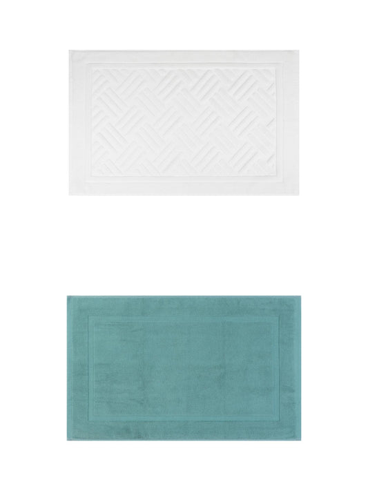 Unique Bargains 2 Pcs Cotton Banded Reversible Soft Bath Rug Blue/Beige 16" x 24"