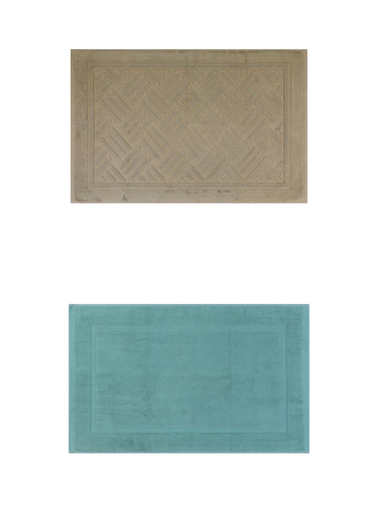 Unique Bargains 2 Pcs Cotton Banded Reversible Soft Bath Rug Blue/Khaki 16" x 24"