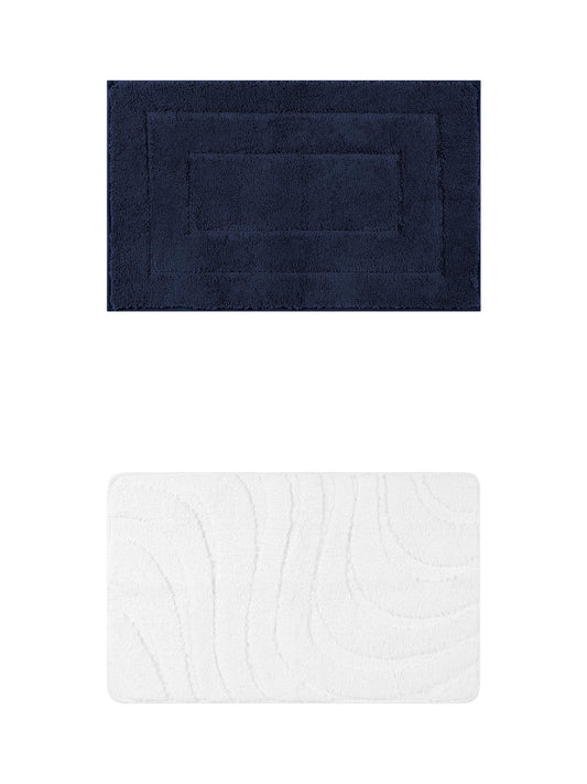 Unique Bargains 2 Pcs Geometry Absorbent Bathroom Rug Dark Blue/White 16" x 24"