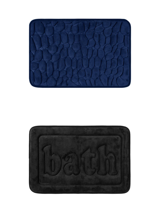 Unique Bargains 2 Pcs Memory Foam Absorbent Bathroom Rugs Black/Navy Blue 16" x 24"
