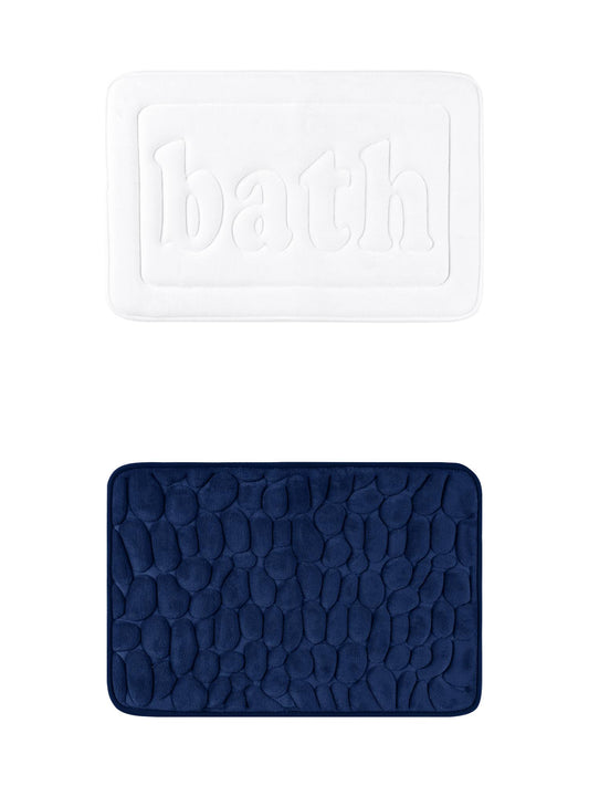 Unique Bargains 2 Pcs Memory Foam Absorbent Bathroom Rugs White/Navy Blue 16" x 24"