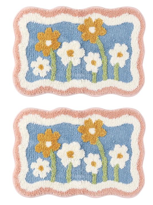 Unique Bargains 2 Pcs Printing Non-Slip Bathroom Mats Soft Plush Fluffy Bath Rugs Flower-2 20" x 32"