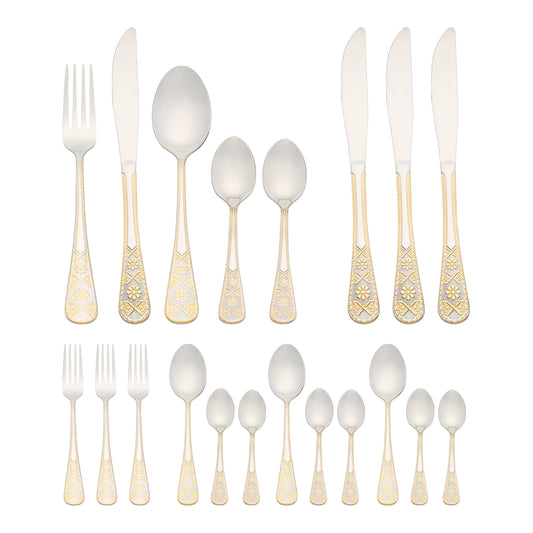 Unique Bargains 20 Piece Stainless Steel Floral Dinner Flatware Set Silver/Gold 20