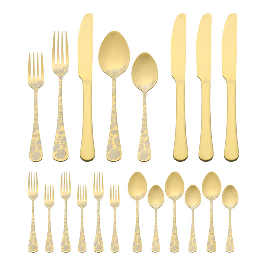 Unique Bargains 20 Pieces Floral Stainless Steel Flatware Set for 4 Gold