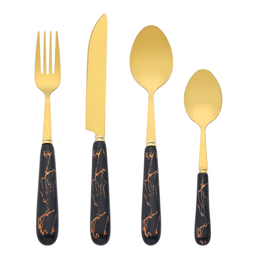 Unique Bargains 24 Pieces Stainless Steel Floral Flatware Set for 6 Black