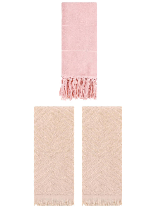 Unique Bargains 3 Pack Absorbent Hand Towels with tassel Pink/Brown 14"x30"/13"x29"