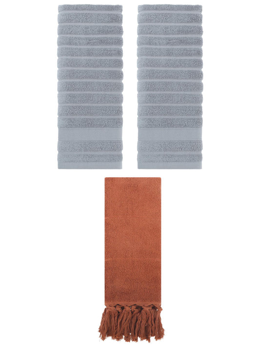 Unique Bargains 3 Pack Cotton Bathroom Hand Towels 14" x 30" Brown/Grey