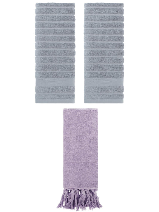Unique Bargains 3 Pack Cotton Bathroom Hand Towels 14" x 30" Purple/Grey