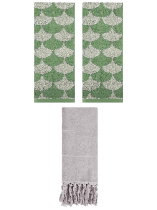 Unique Bargains 3 Pack Cotton Geometric Solid Hand Towel Grey/Green 14"x30"/13"x29"