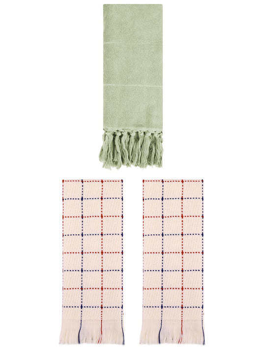 Unique Bargains 3 Pack Cotton Soft Turkish Bath Towel Green/Beige 14"x30"/13"x29"