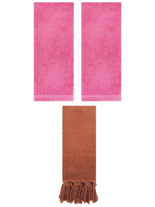 Unique Bargains 3 Pack Cotton Turkish Hand Towels Brown/Pink 14"x30"/13"x29"