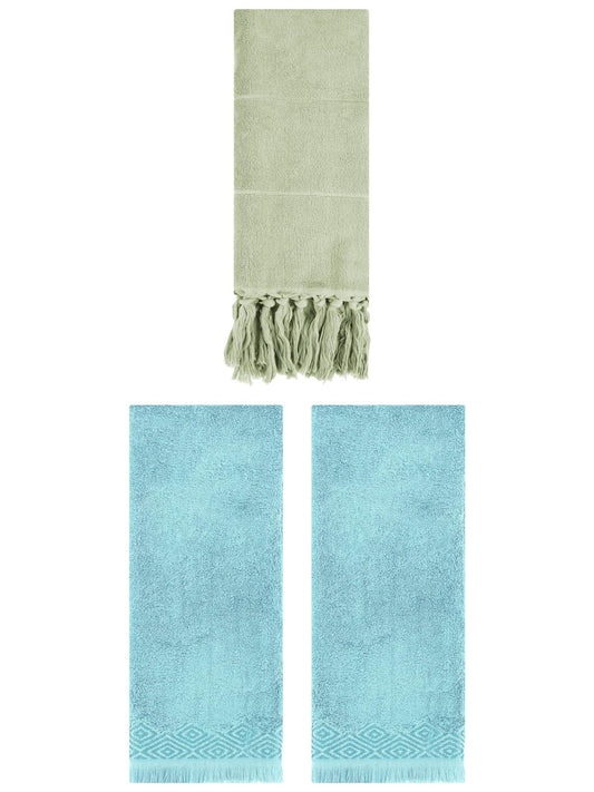 Unique Bargains 3 Pack Cotton Turkish Hand Towels Green/Blue 14"x30"/13"x29"