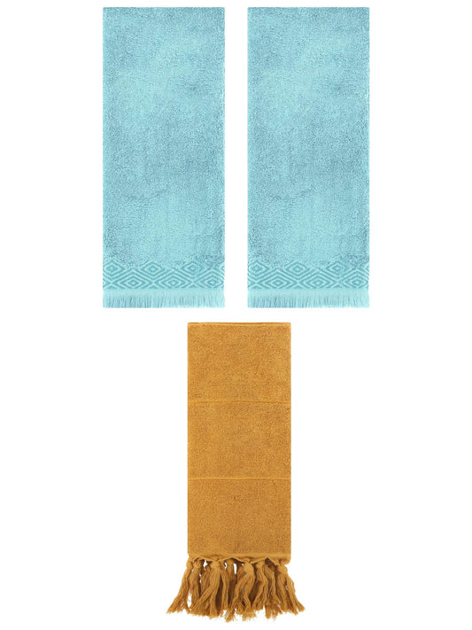 Unique Bargains 3 Pack Cotton Turkish Hand Towels Yellow/Blue 14"x30"/13"x29"