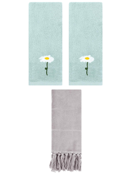 Unique Bargains 3 Pack Floral Solid Hand Towels Grey/Blue 14"x30"/13"x30"