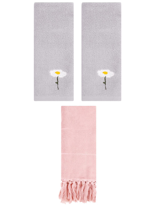 Unique Bargains 3 Pack Floral Solid Hand Towels Pink/Grey 14"x30"/13"x30"