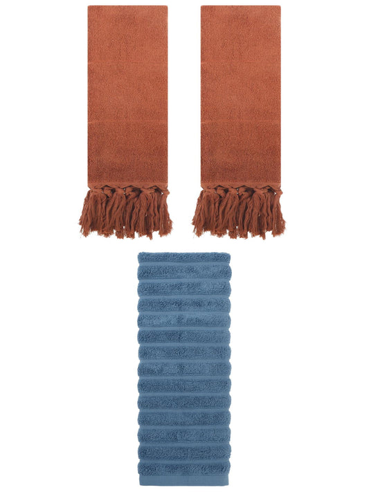 Unique Bargains 3 Pack Solid Absorbent Soft Cotton Hand Towels 14" x 30" Brown/Blue