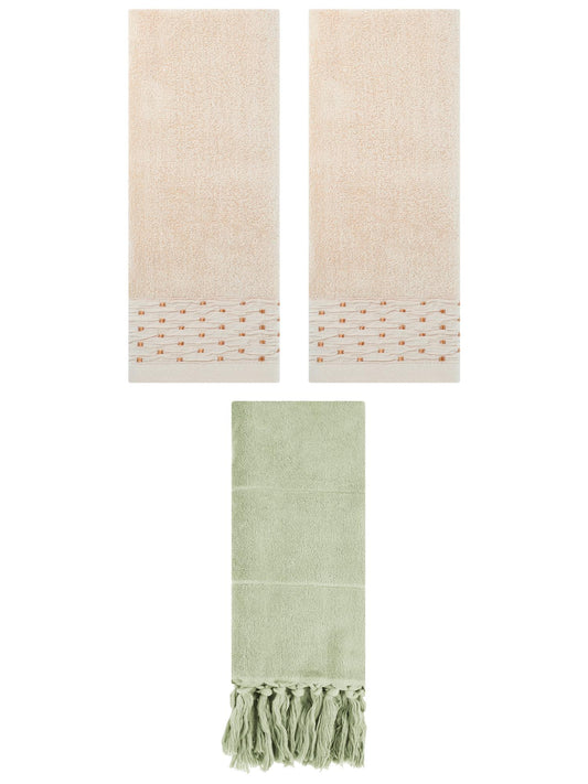 Unique Bargains 3 Pack Solid Cotton Bathroom Hand Towel 14" x 30" Green/Light Brown