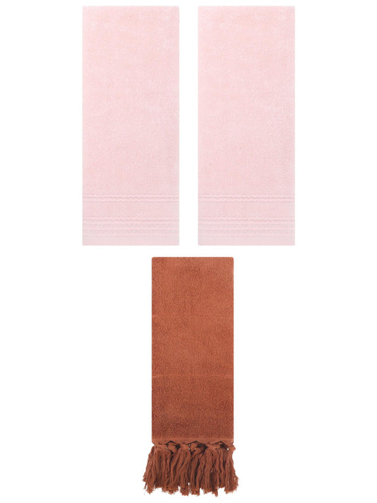 Unique Bargains 3 Pack Solid Tassels Bathroom Hand Towels 14" x 30" Brown/Pink