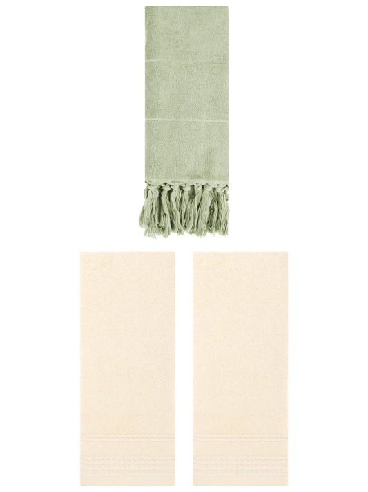 Unique Bargains 3 Pack Solid Tassels Bathroom Hand Towels 14" x 30" Green/Beige