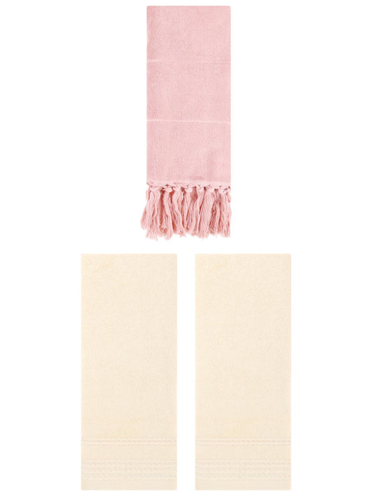 Unique Bargains 3 Pack Solid Tassels Bathroom Hand Towels 14" x 30" Pink/Beige