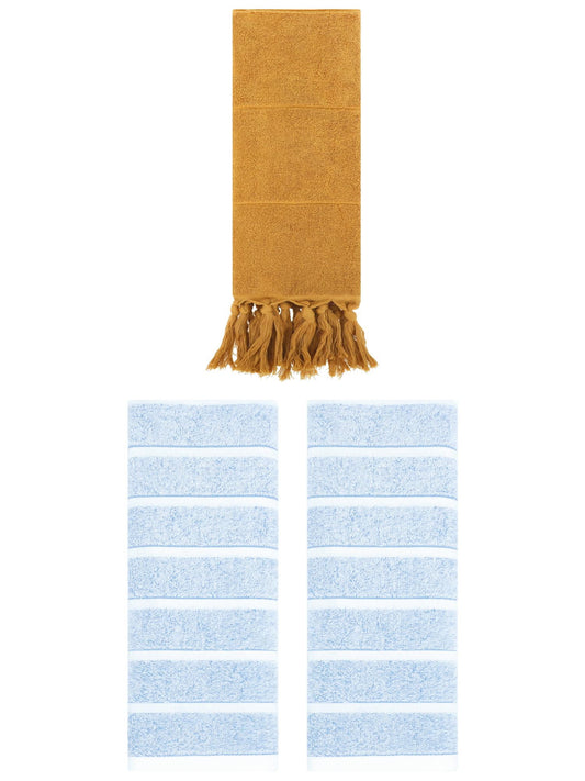 Unique Bargains 3 Pack Striped Solid Hand Towel Yellow/Blue 14"x30"/13"x29"