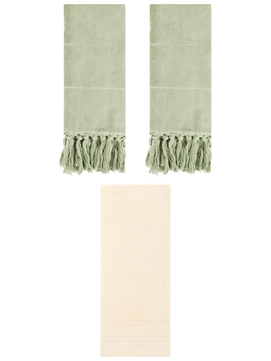 Unique Bargains 3 Pack Striped Tassels Hand Towels for Bathroom 14" x 30" Green/Beige