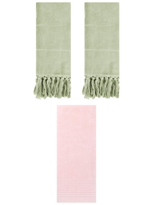 Unique Bargains 3 Pack Striped Tassels Hand Towels for Bathroom 14" x 30" Green/Pink