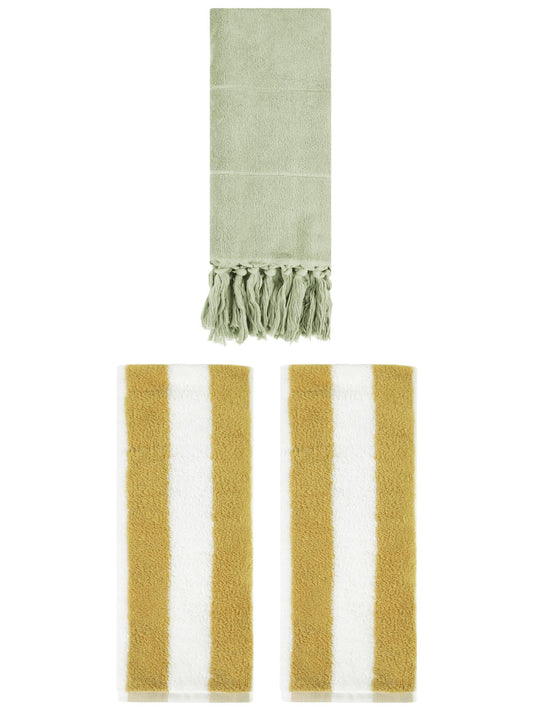 Unique Bargains 3 Pack Striped and Solid Tassels Hand Towel Green/Yellow White