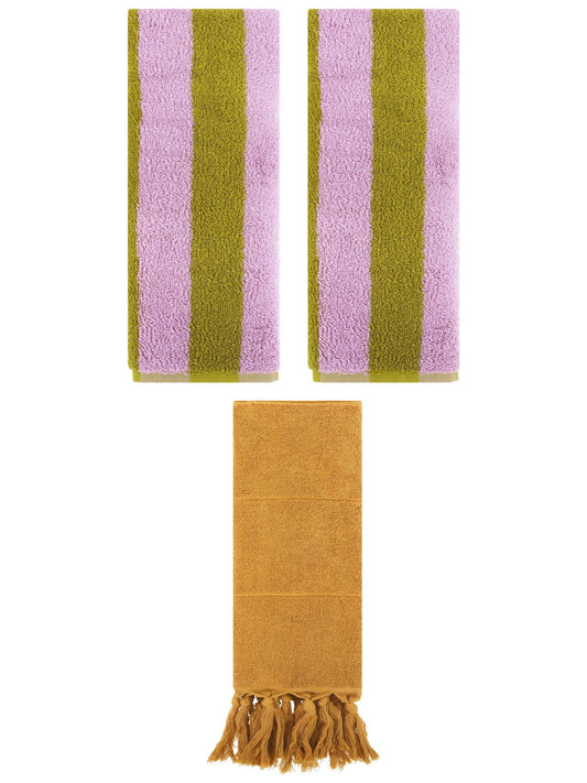Unique Bargains 3 Pack Striped and Solid Tassels Hand Towel Yellow/Pink Brown