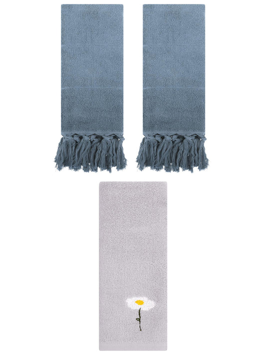 Unique Bargains 3 Pack Cotton Soft Absorbent Floral Pattern and Solid Hand Towel Set Blue/Grey 14" x 30"/13" x 30"