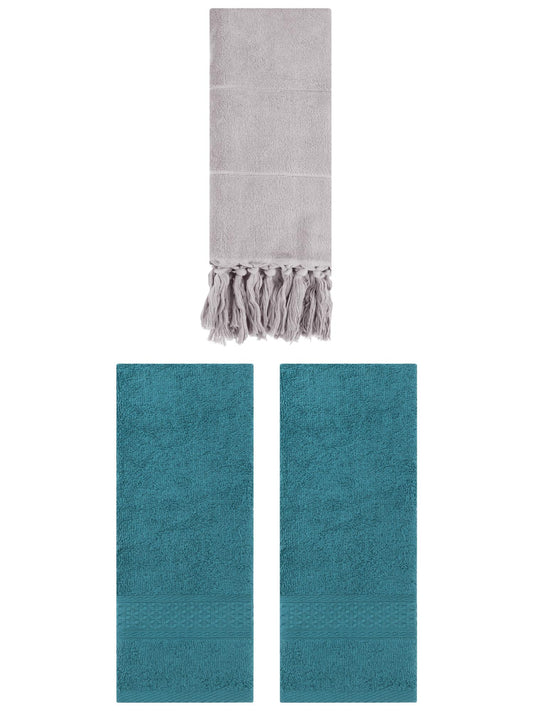 Unique Bargains 3 Packs Textured Tassels Hand Towel Grey/Dark Green 14" x 30"/13" x 30"