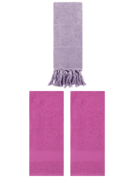 Unique Bargains 3 Packs Textured Tassels Hand Towel Purple/Dark Pink 14" x 30"/13" x 30"