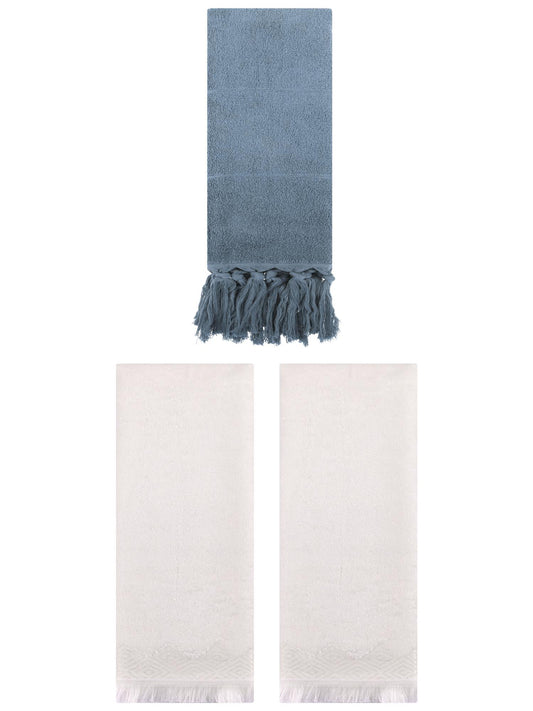 Unique Bargains 3 Pack Cotton Absorbent Soft Turkish Hand Towels with tassel for Bathroom Blue/Beige 14" x 30"/13" x 29"