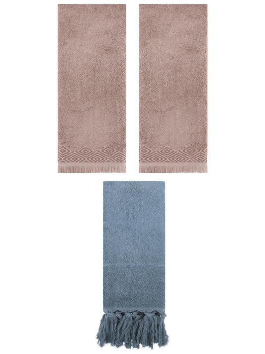 Unique Bargains 3 Pack Cotton Absorbent Soft Turkish Hand Towels with tassel for Bathroom Blue/Brown 14" x 30"/13" x 29"