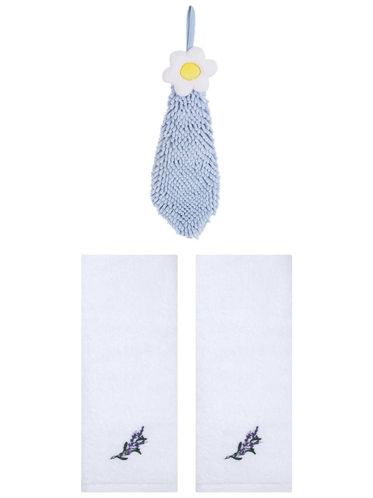 Unique Bargains 3 Pcs Cotton Soft Floral Hand Towels White/Blue-1 13" x 29"/6" x 15"