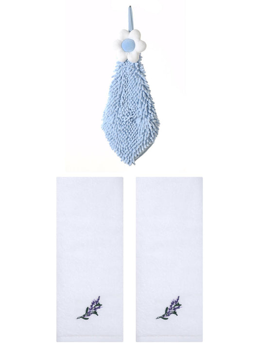 Unique Bargains 3 Pcs Cotton Soft Floral Hand Towels White/Blue-2 13" x 29"/6" x 15"