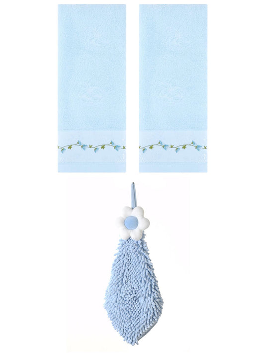 Unique Bargains 3 Pcs Floral Soft Hand Towels Blue/Blue-2 13" x 29"/6" x 15"