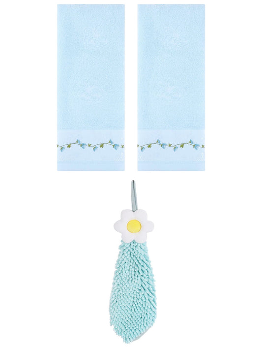 Unique Bargains 3 Pcs Floral Soft Hand Towels Blue/Green 13" x 29"/6" x 15"