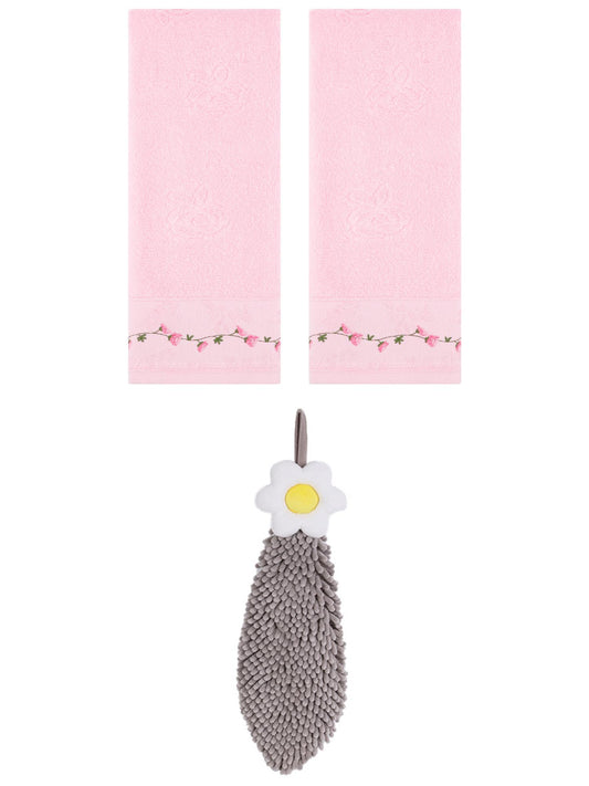 Unique Bargains 3 Pcs Floral Soft Hand Towels Pink/Grey 13" x 29"/6" x 15"