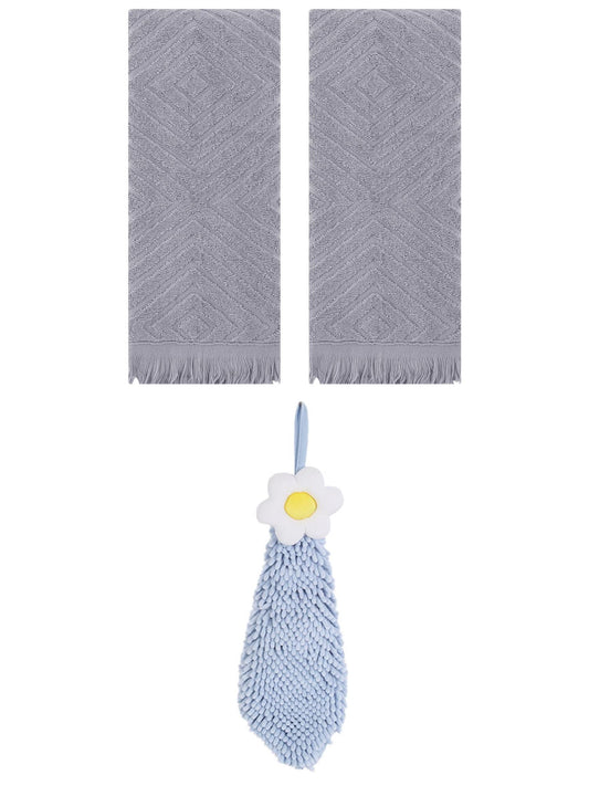 Unique Bargains 3 Pcs Geometric Soft Hand Towels Grey/Blue-1 13" x 29"/6" x 15"
