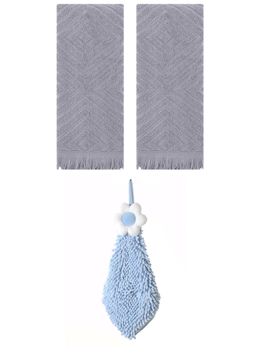 Unique Bargains 3 Pcs Geometric Soft Hand Towels Grey/Blue-2 13" x 29"/6" x 15"