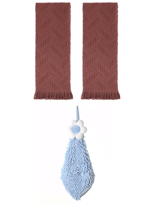 Unique Bargains 3 Pcs Soft Absorbent Towels Brown/Blue-2 13" x 29"/6" x 15"
