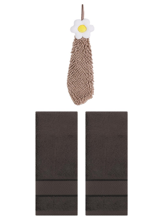 Unique Bargains 3 Pcs Soft Hand Towel Set Dark Brown/Brown 14" x 30"/6" x 15"