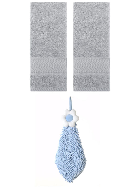 Unique Bargains 3 Pcs Soft Hand Towel Set Light Grey/Blue-2 14" x 30"/6" x 15"