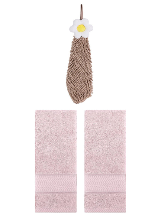 Unique Bargains 3 Pcs Soft Hand Towel Set Light Pink/Brown 14" x 30"/6" x 15"